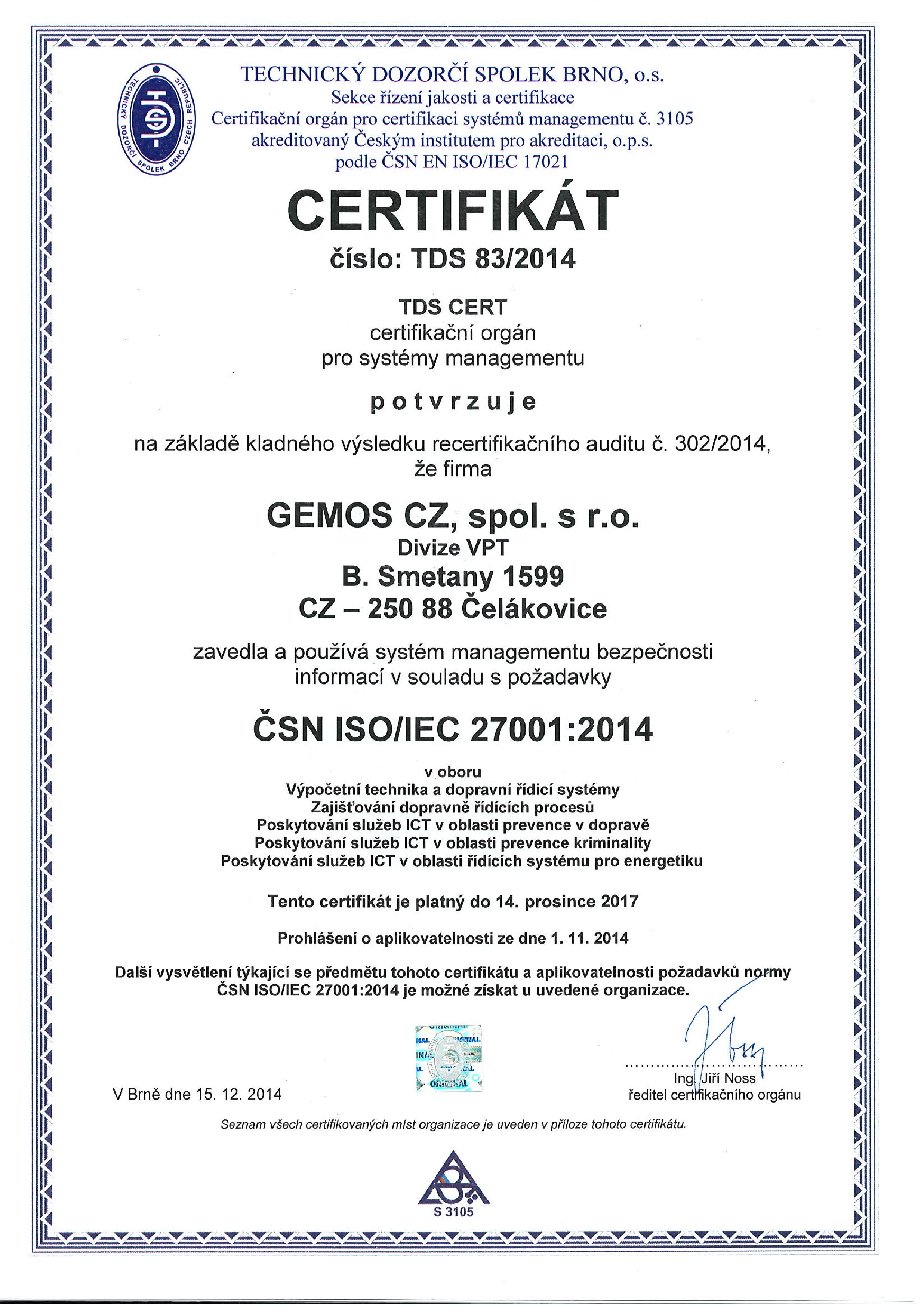 Certifikát ČSN ISO/IEC 27001 udělený společnosti GEMOS CZ
