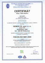 Certifikát ČSN ISO 9001 udělený společnosti GEMOS CZ